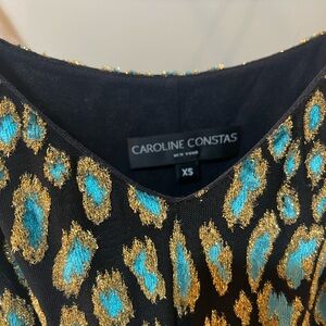 Caroline Constas gown, black and teal metallic leopard print